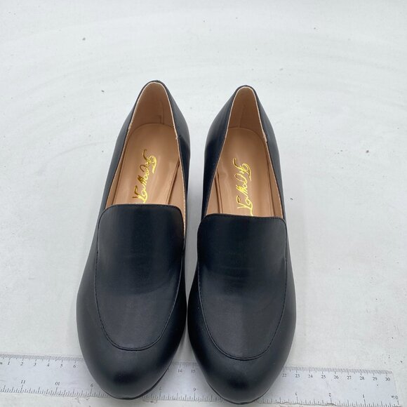 FOWT Black Loafer Slip Ons Closed Round Toe Block Chunky Heels Pumps Shoes - Picture 3 of 7